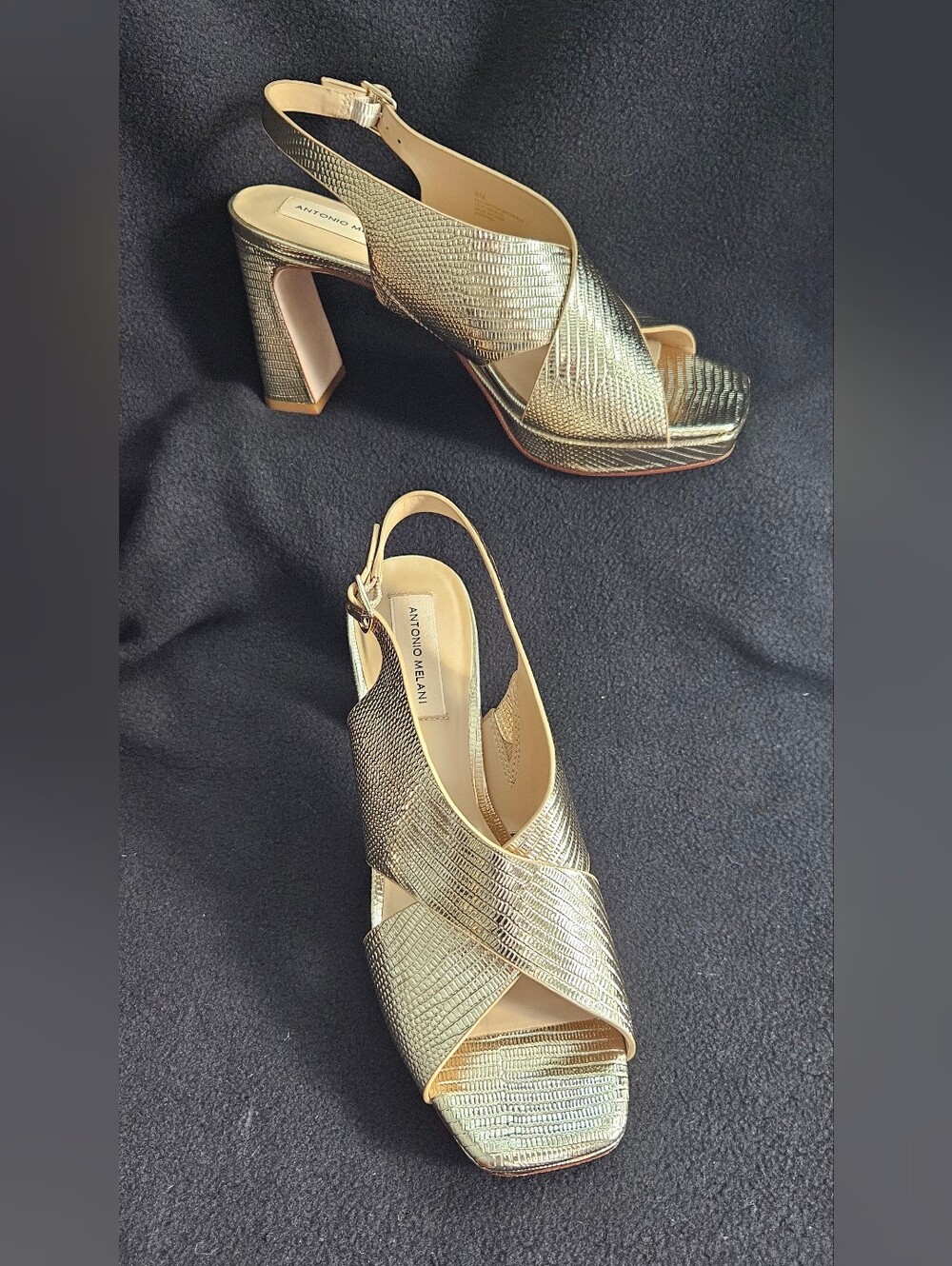 Antonio Melani Gold Textured Stamped Leather Slingback Block Heel Sandals-Size 8